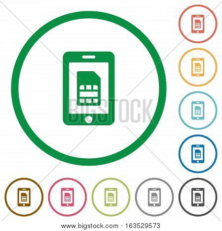 Mobile simcard flat color icons in round outlines on white background