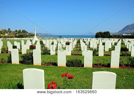 SUDA BAY, CRETE - SEPTEMBER 16, 2016 - View of the Souda Bay Allied War Cemetery with the Aegean sea to the rear Souda Bay Crete Greece Europe, September 16, 2016.