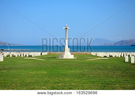 View of the Souda Bay Allied War Cemetery with the Aegean sea to the rear Souda Bay Crete Greece Europe.