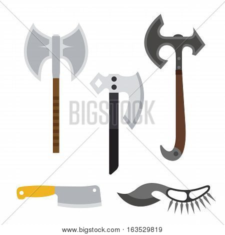 Knife and axe weapon dangerous collection. Vector illustration of sword spear. Edged weapons set. Combat andbonder bayonet cold protection or attack steel arms.