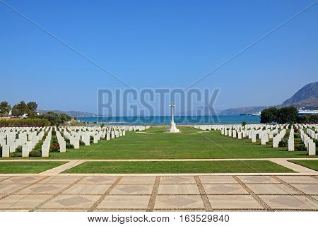 SUDA BAY, CRETE - SEPTEMBER 16, 2016 - View of the Souda Bay Allied War Cemetery with the Aegean sea to the rear Souda Bay Crete Greece Europe, September 16, 2016.