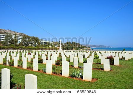 View of the Souda Bay Allied War Cemetery with the Aegean sea to the rear Souda Bay Crete Greece Europe.