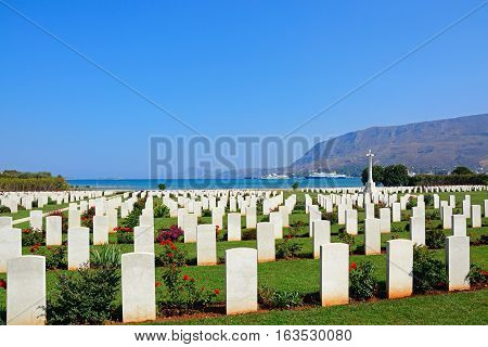SUDA BAY, CRETE - SEPTEMBER 16, 2016 - View of the Souda Bay Allied War Cemetery with the Aegean sea to the rear Souda Bay Crete Greece Europe, September 16, 2016.
