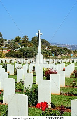 View of the Souda Bay Allied War Cemetery gravestones and cross Souda Bay Crete Greece Europe.