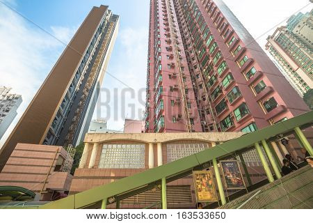 Hong Kong, China - December 4, 2016: Central-Mid-levels escalator in Shelley Street within the historic Soho district, is a system of escalators and walkways connecting Central to Western District.