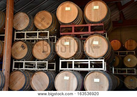San Luis Obispo USA - july 15 2016 : barrel in the cellar of the Claiborne and Churchhill winery