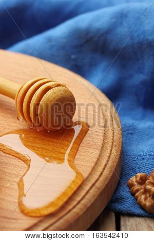 Fresh Natural Honey With Honey Spoon On A Wooden Rustic Vintage Table.slective Focus