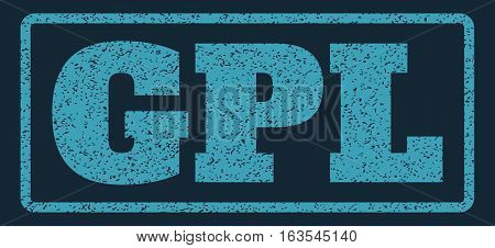 Blue rubber seal stamp with GPL text. Vector caption inside rounded rectangular shape. Grunge design and dirty texture for watermark labels. Horizontal emblem on a dark blue background.