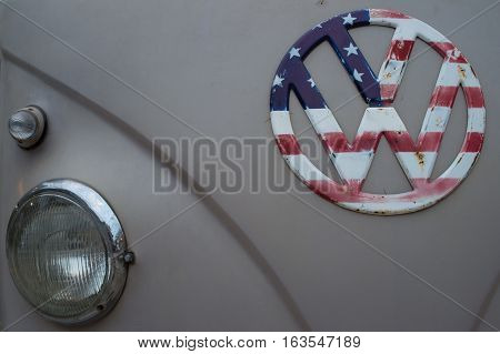 BANGKOK THAILAND - December 30 2016: the flag pattern usa on volkswagen logo on volkswagen van at Night market Srinakarin road or train market.