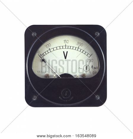 Old unplugged voltage meter shows zero voltage isolated on white closeup