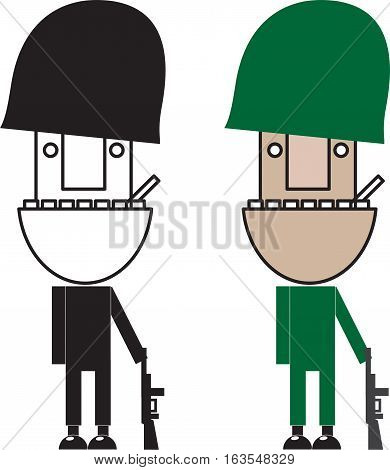Cartoon simple graphic of a soldier standing with a gun. Vector illustration with simple shape. two styles.