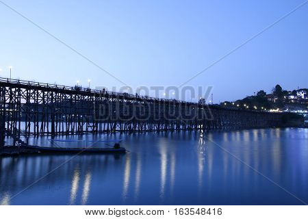 Wooden bridge of Sangkla Buri in Kanjanaburi province,Thailand, At night.