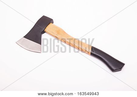 Small hand axe with wooden black handle isolated on white background