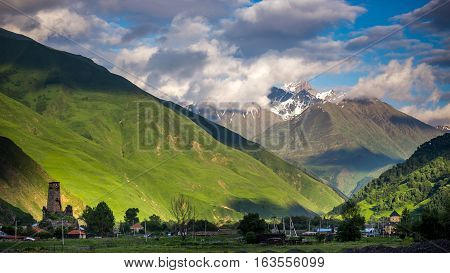 Medieval watch tower in village Sno (Sno castle) Kazbegi region Georgia.