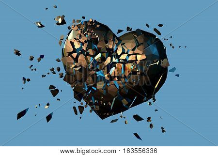 Golden metal polygonal broken heart on blue background