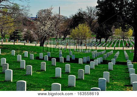 Arlington Virginia - April12 2014: Row upon row of military gravesites at Arlington National Cemetery *