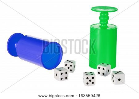 Dice with Dice Cups on White Background