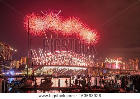 Sydney Fireworks Eve New year Show at Harbour bridge from Clak park Sydney Australia.JAN 01,2017  the world-famous Sydney New Year's Eve fireworks from an unrivalled vantage point.
