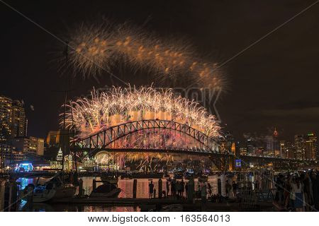 Sydney Fireworks Eve New year Show at Harbour bridge from Clak park Sydney Australia.JAN 01,2017  the world-famous Sydney New Year's Eve fireworks from an unrivalled vantage point.