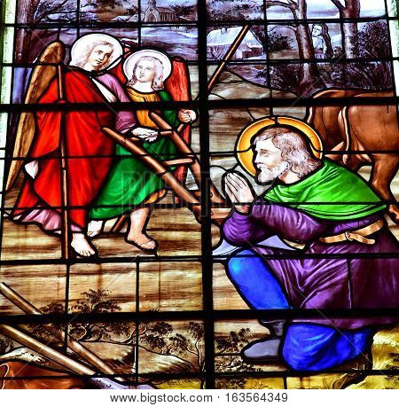 Saint Martin de Re France - september 25 2016 : stained glass window in Saint Martin church
