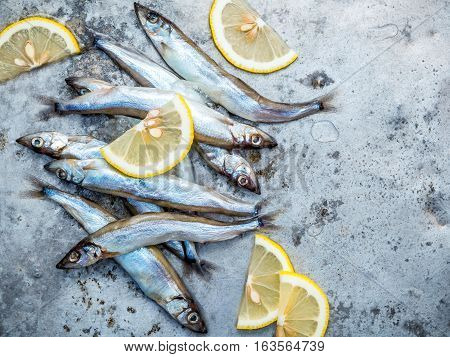 Fresh Catch Shishamo Fish Fully Eggs Flat Lay On Shabby Metal Background. Shishamo Fish Is Popular F