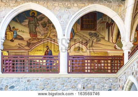 Kykkos Greece - November 24 2016: Cyprus island the sacred paintings in the balcony over the courtyard of the Kykkos monastery
