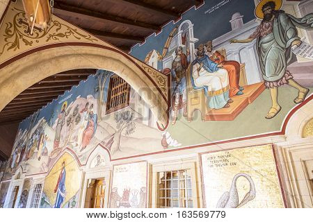 Kykkos Greece - November 24 2016: Cyprus island the sacred paintings in the balcony over the courtyard of the Kykkos monastery