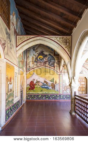 Kykkos Greece - November 24 2016: Cyprus island the sacred paintings in the balcony over the courtyard of the Kykkos monastery