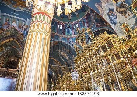 Kykkos Greece - November 24 2016: Cyprus island decorations and sacred paintings in the church of the Kykkos monastery