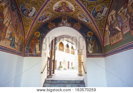 Kykkos Greece - November 24 2016: Cyprus island the sacred paintings of the Kykkos monastery entry