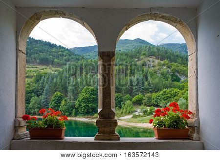 Villalago, Italy - August 24, 2006:  The gorges of the Sagittario river seen from the St. Domenico hermitage