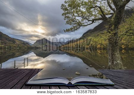 Beautiful Autumn Fall Landscape Image Of Lake Buttermere In Lake District England Coming Out Of Page