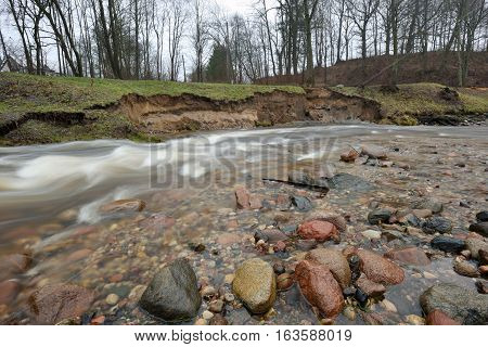 Natural erosion shore of wild forest river