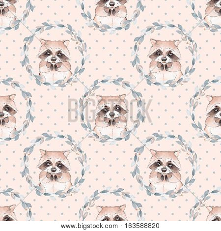 Raccoon and floral wreath. Watercolor seamless pattern 2