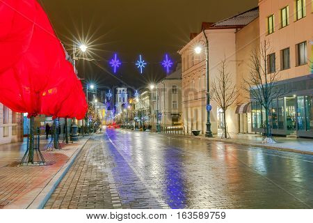 Prospect Gedemin in night lighting in the historic center of the old town. Lithuania. Vilnius.