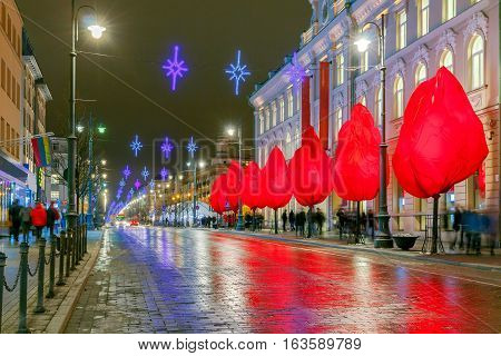 Prospect Gedemin in night lighting in the historic center of the old town. Lithuania. Vilnius.