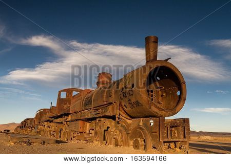 Ancient train cemetery at Salar de Uyuni Bolivia