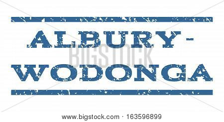 Albury-Wodonga watermark stamp. Text caption between horizontal parallel lines with grunge design style. Rubber seal stamp with unclean texture. Vector cobalt color ink imprint on a white background.