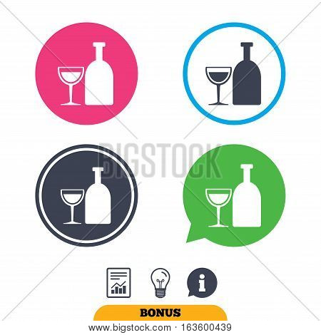 Alcohol sign icon. Drink symbol. Bottle with glass. Report document, information sign and light bulb icons. Vector