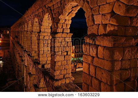 Night view of the roman aqueduct of Segovia. Spain