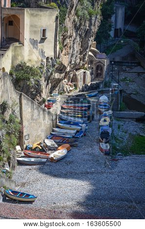 Furore, a fishing village on the Amalfi Coast, at low tide