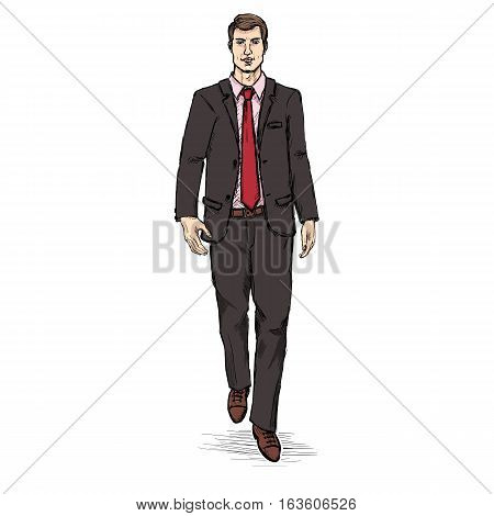 Vector Sketch Men Model In Suit. Business Dress Code