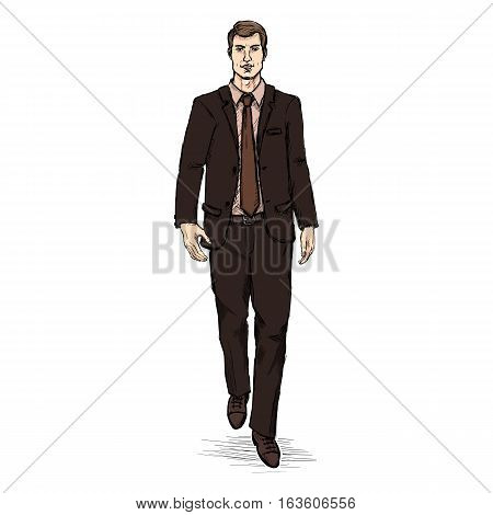 Vector Sketch Men Model In Suit. Business Dress Code