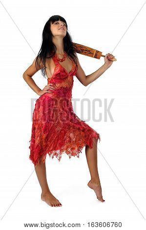 portrait of attractive smiling woman in red with umbrella. Isolated at white background