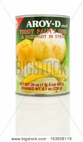 Winneconne WI - 2 November 2016: Can of Aroy-D toddy palm's seed & jackfruit in syrup on an isolated background.