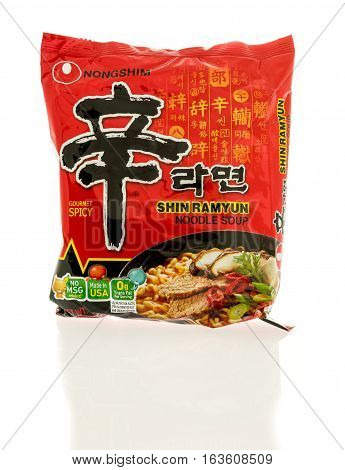 Winneconne WI - 22 December 2016: Package or Nongshim shin ramyun noodle soup on an isolated background.