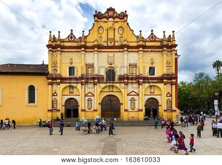 San Cristóbal de Las Casas Mexico - May 10 2014: View of the main square and Cathedral in the city of San Cristóbal de Las Casas in the Chiapas region Mexico.
