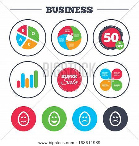 Business pie chart. Growth graph. Eggs happy and sad faces icons. Crying smiley with tear symbols. Tradition Easter Pasch signs. Super sale and discount buttons. Vector