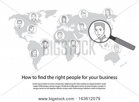 People search, talent selection, Business recruitment, hiring all around the world concept, Many people faces on world map and one selected with magnifying glass, thin line style vector