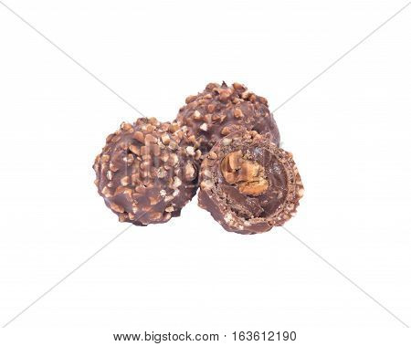Luxury round chocolate pralines isolated on white background